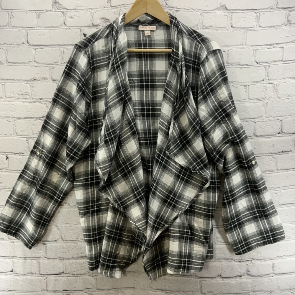 Knox Rose Jacket Womens Sz L Kimono‎ Open Front Drape Black White Plaid